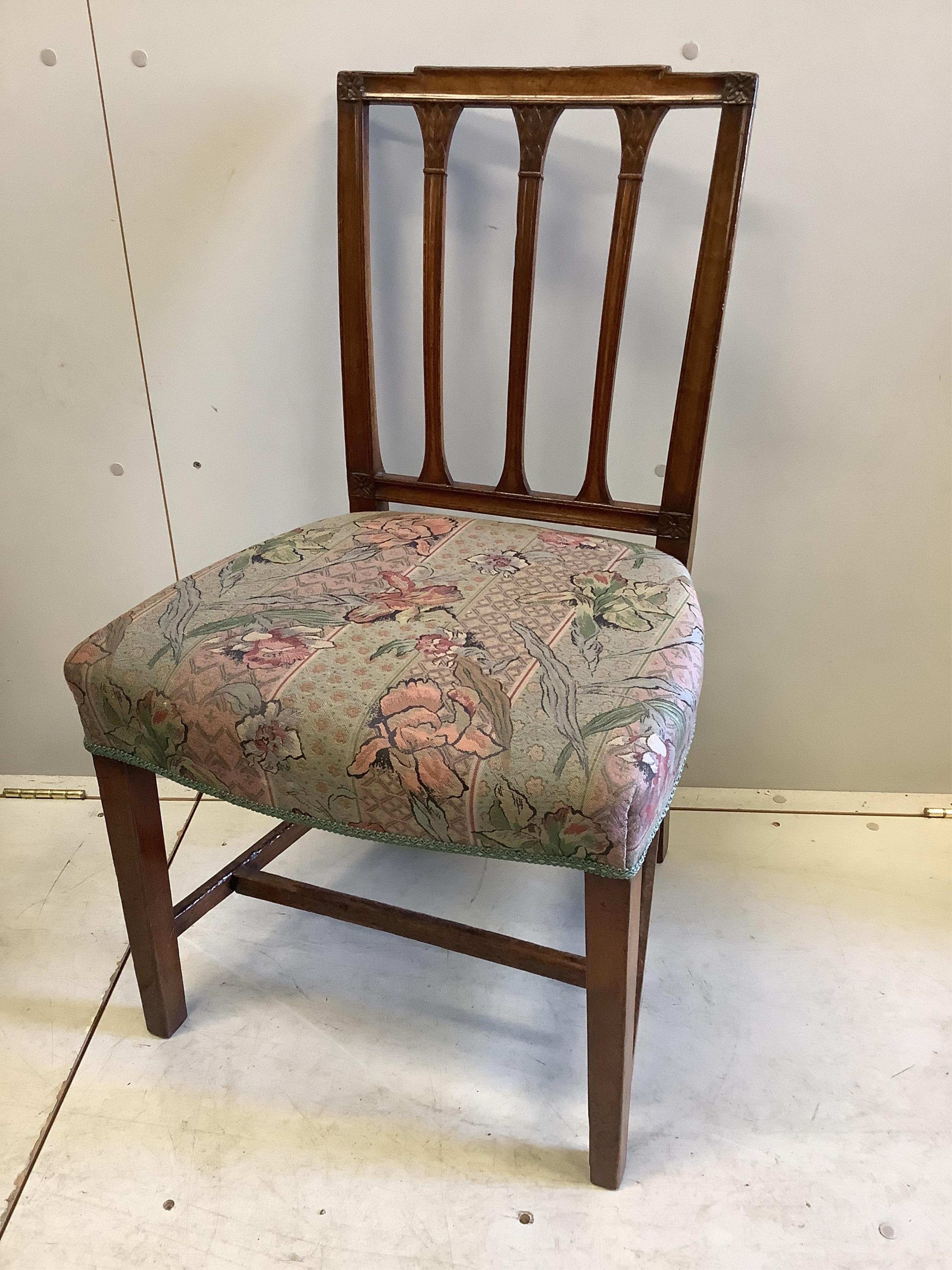 A set of six Sheraton style mahogany dining chairs (two with arms). Condition - fair